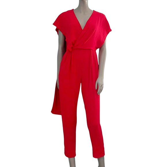 MAX MARA Red Jumpsuit Size 8 Draped Shoulder Tapered Leg V Neck Flutter Sleeves - Picture 16 of 16